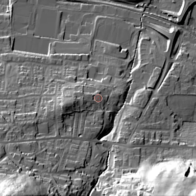 Shaded relief map of the ground around BD206SB, computed from Environment Agency LiDAR. The ground here sits at about 106 m above sea level and falls 73 m across the surrounding 800 m. Surface water reaching this point runs off ground lying to the west, 4.0 m higher.