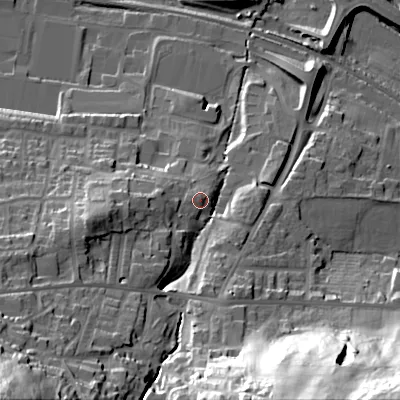 Shaded relief map of the ground around BD206SW, computed from Environment Agency LiDAR. The ground here sits at about 103 m above sea level and falls 71 m across the surrounding 800 m. Surface water reaching this point runs off ground lying to the west, 2.4 m higher.