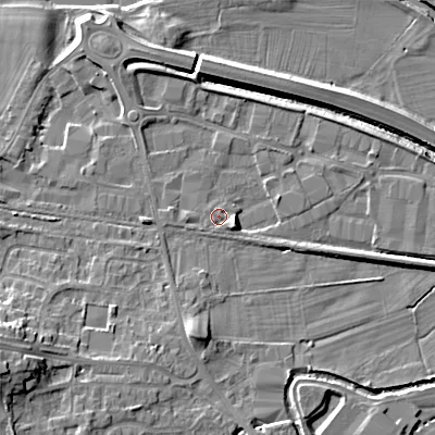 Shaded relief map of the ground around BD207AD, computed from Environment Agency LiDAR. The ground here sits at about 92 m above sea level and falls 15 m across the surrounding 800 m. Surface water reaching this point runs off ground lying to the south-east, 1.5 m higher.