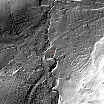 Shaded relief map of the ground around BD207AE, computed from Environment Agency LiDAR. The ground here sits at about 111 m above sea level and falls 90 m across the surrounding 800 m. Surface water reaching this point runs off ground lying to the south-east, 4.5 m higher.