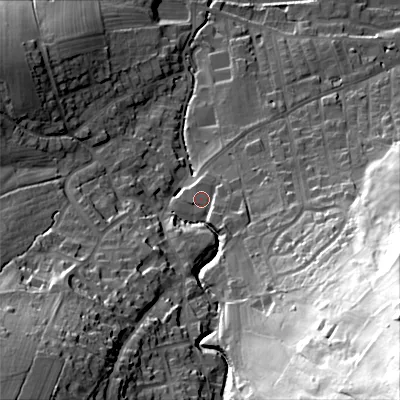 Shaded relief map of the ground around BD207AF, computed from Environment Agency LiDAR. The ground here sits at about 111 m above sea level and falls 89 m across the surrounding 800 m. Surface water reaching this point runs off ground lying to the south-east, 4.5 m higher.