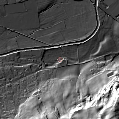 Shaded relief map of the ground around BD207AJ, computed from Environment Agency LiDAR. The ground here sits at about 97 m above sea level and falls 82 m across the surrounding 800 m. Surface water reaching this point runs off ground lying to the south-south-west, 15.2 m higher.
