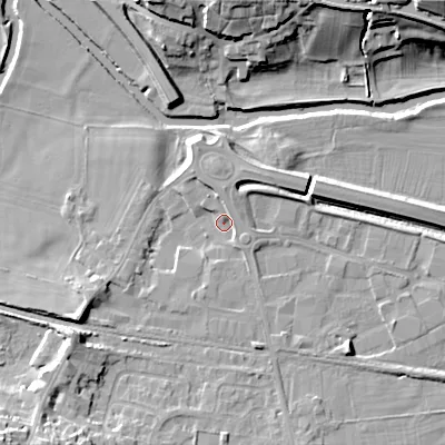 Shaded relief map of the ground around BD207BQ, computed from Environment Agency LiDAR. The ground here sits at about 92 m above sea level and falls 25 m across the surrounding 800 m. Surface water reaching this point runs off ground lying to the south-south-east, 3.2 m higher.