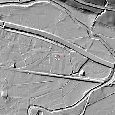 Shaded relief map of the ground around BD207BW, computed from Environment Agency LiDAR. The ground here sits at about 92 m above sea level and falls 26 m across the surrounding 800 m. Surface water reaching this point runs off ground lying to the south-east, 2.1 m higher.