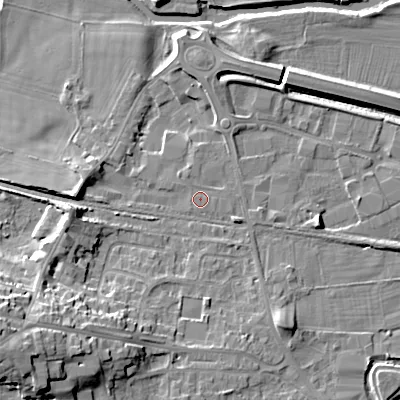 Shaded relief map of the ground around BD207BX, computed from Environment Agency LiDAR. The ground here sits at about 93 m above sea level and falls 21 m across the surrounding 800 m. The ground contributing surface water to this point lies to the south-west.