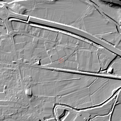Shaded relief map of the ground around BD207BY, computed from Environment Agency LiDAR. The ground here sits at about 92 m above sea level and falls 17 m across the surrounding 800 m. Surface water reaching this point runs off ground lying to the north-north-west, 0.6 m higher.