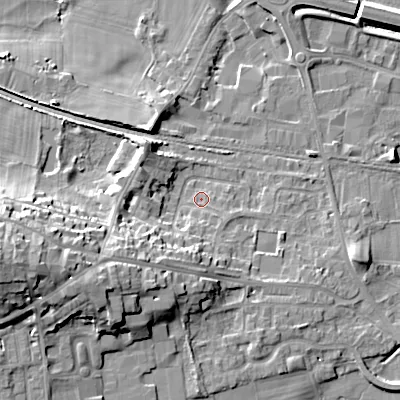 Shaded relief map of the ground around BD207DH, computed from Environment Agency LiDAR. The ground here sits at about 93 m above sea level and falls 24 m across the surrounding 800 m. Surface water reaching this point runs off ground lying to the south-south-west, 9.3 m higher.