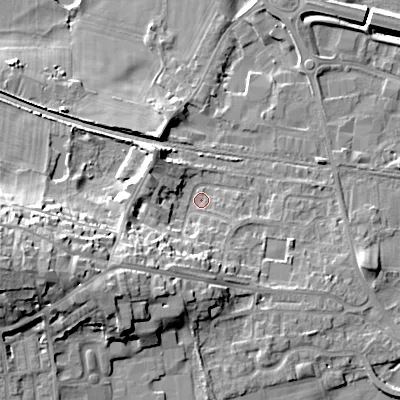 Shaded relief map of the ground around BD207DJ, computed from Environment Agency LiDAR. The ground here sits at about 93 m above sea level and falls 25 m across the surrounding 800 m. Surface water reaching this point runs off ground lying to the south-west, 13.2 m higher.