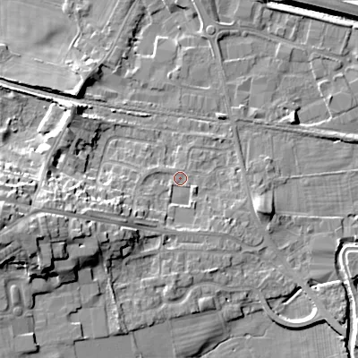 Shaded relief map of the ground around BD207DL, computed from Environment Agency LiDAR. The ground here sits at about 94 m above sea level and falls 21 m across the surrounding 800 m. Surface water reaching this point runs off ground lying to the west-south-west, 10.0 m higher.