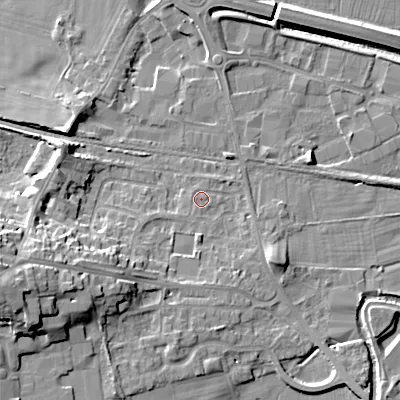 Shaded relief map of the ground around BD207DN, computed from Environment Agency LiDAR. The ground here sits at about 94 m above sea level and falls 20 m across the surrounding 800 m. Surface water reaching this point runs off ground lying to the south-west, 0.8 m higher.