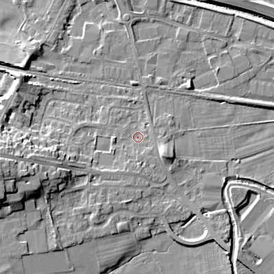 Shaded relief map of the ground around BD207DP, computed from Environment Agency LiDAR. The ground here sits at about 94 m above sea level and falls 19 m across the surrounding 800 m. Surface water reaching this point runs off ground lying to the south-west, 2.6 m higher.