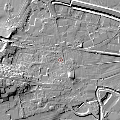 Shaded relief map of the ground around BD207DR, computed from Environment Agency LiDAR. The ground here sits at about 93 m above sea level and falls 18 m across the surrounding 800 m. Surface water reaching this point runs off ground lying to the west-south-west, 10.6 m higher.
