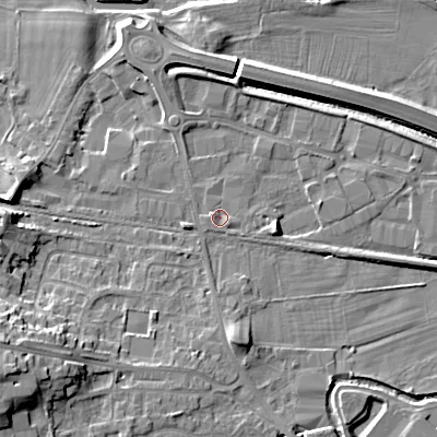 Shaded relief map of the ground around BD207DS, computed from Environment Agency LiDAR. The ground here sits at about 92 m above sea level and falls 18 m across the surrounding 800 m. Surface water reaching this point runs off ground lying to the east-south-east, 3.1 m higher.