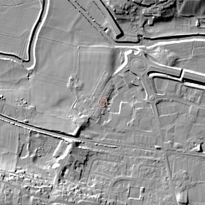 Shaded relief map of the ground around BD207DU, computed from Environment Agency LiDAR. The ground here sits at about 92 m above sea level and falls 25 m across the surrounding 800 m. Surface water reaching this point runs off ground lying to the south-west, 21.2 m higher.