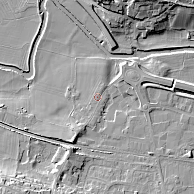 Shaded relief map of the ground around BD207DX, computed from Environment Agency LiDAR. The ground here sits at about 92 m above sea level and falls 23 m across the surrounding 800 m. Surface water reaching this point runs off ground lying to the south-south-west, 1.4 m higher.
