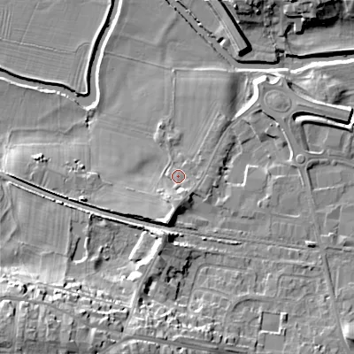 Shaded relief map of the ground around BD207DY, computed from Environment Agency LiDAR. The ground here sits at about 92 m above sea level and falls 26 m across the surrounding 800 m. Surface water reaching this point runs off ground lying to the south, 4.6 m higher.