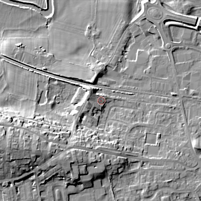 Shaded relief map of the ground around BD207EA, computed from Environment Agency LiDAR. The ground here sits at about 95 m above sea level and falls 25 m across the surrounding 800 m. Surface water reaching this point runs off ground lying to the west-south-west, 4.1 m higher.