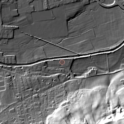 Shaded relief map of the ground around BD207EF, computed from Environment Agency LiDAR. The ground here sits at about 99 m above sea level and falls 66 m across the surrounding 800 m. Surface water reaching this point runs off ground lying to the south-west, 11.4 m higher.