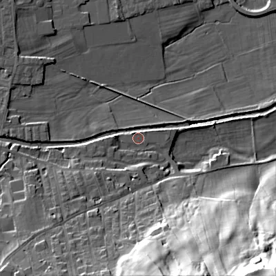 Shaded relief map of the ground around BD207EN, computed from Environment Agency LiDAR. The ground here sits at about 99 m above sea level and falls 64 m across the surrounding 800 m. Surface water reaching this point runs off ground lying to the south-west, 11.3 m higher.