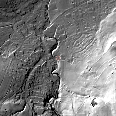 Shaded relief map of the ground around BD207FB, computed from Environment Agency LiDAR. The ground here sits at about 117 m above sea level and falls 121 m across the surrounding 800 m. Surface water reaching this point runs off ground lying to the south-east, 109.8 m higher.