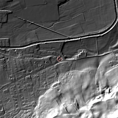 Shaded relief map of the ground around BD207HJ, computed from Environment Agency LiDAR. The ground here sits at about 99 m above sea level and falls 95 m across the surrounding 800 m. Surface water reaching this point runs off ground lying to the south, 58.8 m higher.