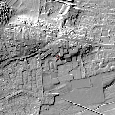 Shaded relief map of the ground around BD207LB, computed from Environment Agency LiDAR. The ground here sits at about 104 m above sea level and falls 23 m across the surrounding 800 m. Surface water reaching this point runs off ground lying to the north-north-west, 6.9 m higher.