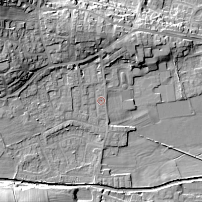 Shaded relief map of the ground around BD207LH, computed from Environment Agency LiDAR. The ground here sits at about 102 m above sea level and falls 28 m across the surrounding 800 m. Surface water reaching this point runs off ground lying to the north-west, 19.1 m higher.