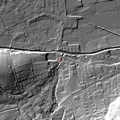 Shaded relief map of the ground around BD207LJ, computed from Environment Agency LiDAR. The ground here sits at about 103 m above sea level and falls 35 m across the surrounding 800 m. Surface water reaching this point runs off ground lying to the west-south-west, 22.0 m higher.