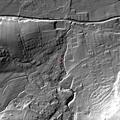 Shaded relief map of the ground around BD207LN, computed from Environment Agency LiDAR. The ground here sits at about 107 m above sea level and falls 61 m across the surrounding 800 m. Surface water reaching this point runs off ground lying to the south-south-west, 32.6 m higher.