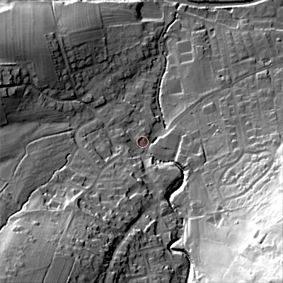 Shaded relief map of the ground around BD207LP, computed from Environment Agency LiDAR. The ground here sits at about 109 m above sea level and falls 71 m across the surrounding 800 m. Surface water reaching this point runs off ground lying to the south-east, 60.5 m higher.