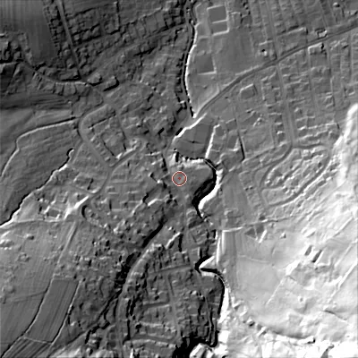 Shaded relief map of the ground around BD207LR, computed from Environment Agency LiDAR. The ground here sits at about 115 m above sea level and falls 94 m across the surrounding 800 m. Surface water reaching this point runs off ground lying to the south-west, 49.6 m higher.