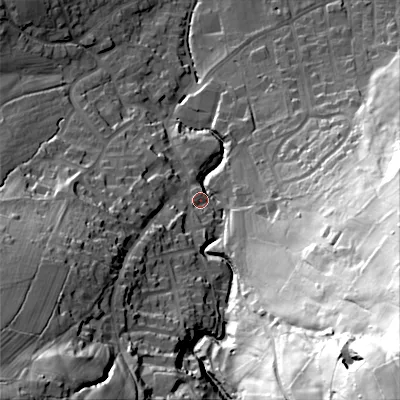 Shaded relief map of the ground around BD207NA, computed from Environment Agency LiDAR. The ground here sits at about 118 m above sea level and falls 110 m across the surrounding 800 m. Surface water reaching this point runs off ground lying to the south-east, 100.4 m higher.