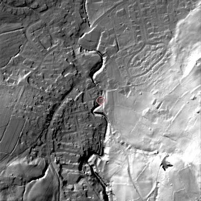 Shaded relief map of the ground around BD207NB, computed from Environment Agency LiDAR. The ground here sits at about 118 m above sea level and falls 117 m across the surrounding 800 m. Surface water reaching this point runs off ground lying to the south-east, 105.8 m higher.