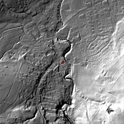 Shaded relief map of the ground around BD207NE, computed from Environment Agency LiDAR. The ground here sits at about 118 m above sea level and falls 110 m across the surrounding 800 m. Surface water reaching this point runs off ground lying to the south-west, 54.3 m higher.