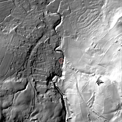 Shaded relief map of the ground around BD207NF, computed from Environment Agency LiDAR. The ground here sits at about 122 m above sea level and falls 121 m across the surrounding 800 m. Surface water reaching this point runs off ground lying to the south-east, 107.9 m higher.