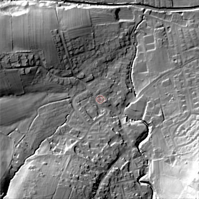 Shaded relief map of the ground around BD207PJ, computed from Environment Agency LiDAR. The ground here sits at about 111 m above sea level and falls 56 m across the surrounding 800 m. Surface water reaching this point runs off ground lying to the south-south-west, 5.7 m higher.