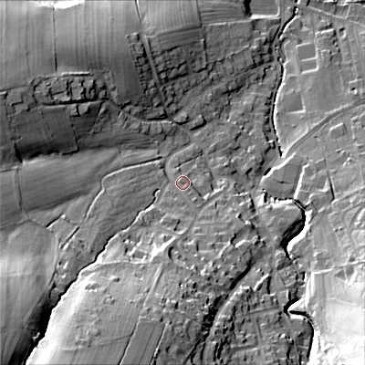 Shaded relief map of the ground around BD207PL, computed from Environment Agency LiDAR. The ground here sits at about 116 m above sea level and falls 64 m across the surrounding 800 m. Surface water reaching this point runs off ground lying to the south-south-west, 42.9 m higher.