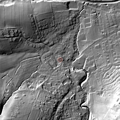 Shaded relief map of the ground around BD207PQ, computed from Environment Agency LiDAR. The ground here sits at about 112 m above sea level and falls 59 m across the surrounding 800 m. Surface water reaching this point runs off ground lying to the south-south-west, 36.8 m higher.