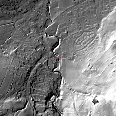 Shaded relief map of the ground around BD207QA, computed from Environment Agency LiDAR. The ground here sits at about 117 m above sea level and falls 117 m across the surrounding 800 m. Surface water reaching this point runs off ground lying to the south-east, 106.2 m higher.