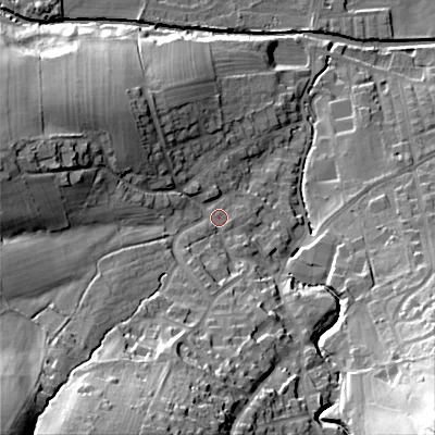 Shaded relief map of the ground around BD207QE, computed from Environment Agency LiDAR. The ground here sits at about 111 m above sea level and falls 56 m across the surrounding 800 m. Surface water reaching this point runs off ground lying to the south-west, 45.0 m higher.