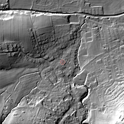 Shaded relief map of the ground around BD207QJ, computed from Environment Agency LiDAR. The ground here sits at about 110 m above sea level and falls 52 m across the surrounding 800 m. Surface water reaching this point runs off ground lying to the south-west, 37.5 m higher.
