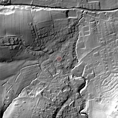 Shaded relief map of the ground around BD207QQ, computed from Environment Agency LiDAR. The ground here sits at about 111 m above sea level and falls 53 m across the surrounding 800 m. Surface water reaching this point runs off ground lying to the south-south-west, 6.3 m higher.