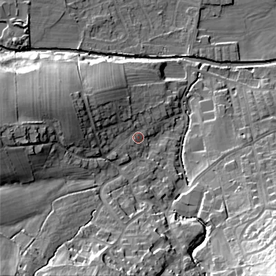 Shaded relief map of the ground around BD207QT, computed from Environment Agency LiDAR. The ground here sits at about 110 m above sea level and falls 44 m across the surrounding 800 m. Surface water reaching this point runs off ground lying to the west-north-west, 14.1 m higher.