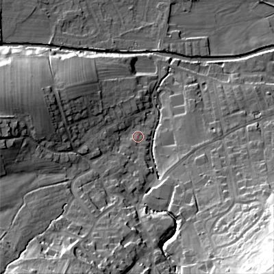 Shaded relief map of the ground around BD207QU, computed from Environment Agency LiDAR. The ground here sits at about 107 m above sea level and falls 55 m across the surrounding 800 m. Surface water reaching this point runs off ground lying to the south-west, 32.1 m higher.