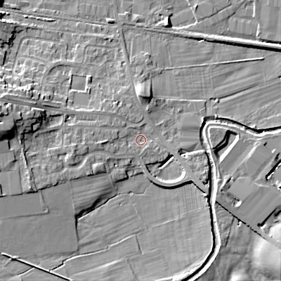 Shaded relief map of the ground around BD207RG, computed from Environment Agency LiDAR. The ground here sits at about 95 m above sea level and falls 15 m across the surrounding 800 m. Surface water reaching this point runs off ground lying to the west, 10.1 m higher.