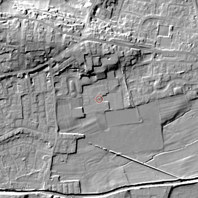 Shaded relief map of the ground around BD207RL, computed from Environment Agency LiDAR. The ground here sits at about 99 m above sea level and falls 21 m across the surrounding 800 m. Surface water reaching this point runs off ground lying to the north-west, 11.0 m higher.