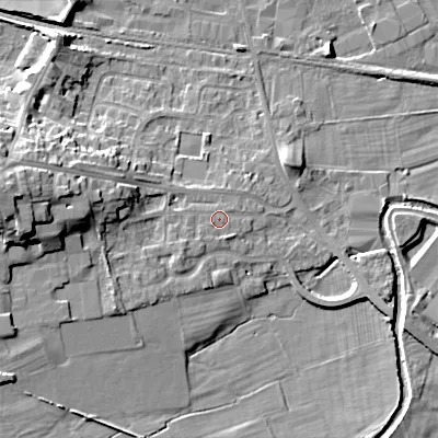 Shaded relief map of the ground around BD207RT, computed from Environment Agency LiDAR. The ground here sits at about 96 m above sea level and falls 17 m across the surrounding 800 m. Surface water reaching this point runs off ground lying to the south-west, 1.8 m higher.