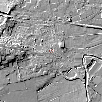 Shaded relief map of the ground around BD207RX, computed from Environment Agency LiDAR. The ground here sits at about 96 m above sea level and falls 17 m across the surrounding 800 m. Surface water reaching this point runs off ground lying to the west, 11.3 m higher.