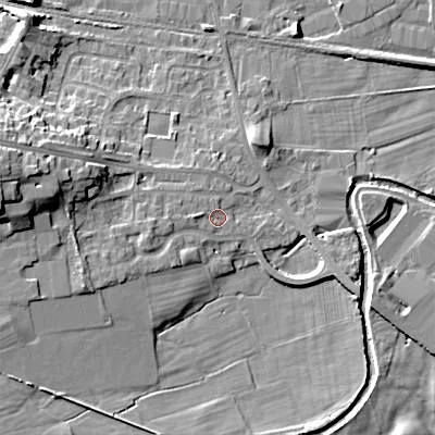 Shaded relief map of the ground around BD207RY, computed from Environment Agency LiDAR. The ground here sits at about 96 m above sea level and falls 16 m across the surrounding 800 m. Surface water reaching this point runs off ground lying to the west, 1.9 m higher.