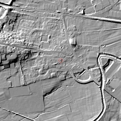 Shaded relief map of the ground around BD207RZ, computed from Environment Agency LiDAR. The ground here sits at about 96 m above sea level and falls 16 m across the surrounding 800 m. Surface water reaching this point runs off ground lying to the west-south-west, 1.7 m higher.
